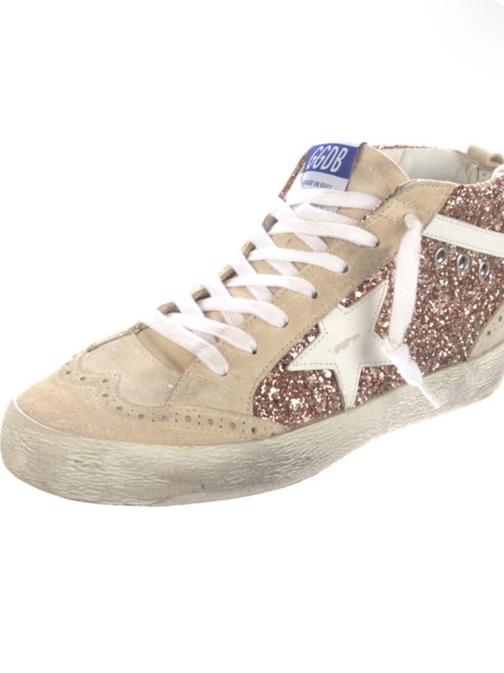 Golden Goose Midstar Women's High-Top Sneaker in Beige and Rose Gold Glitter